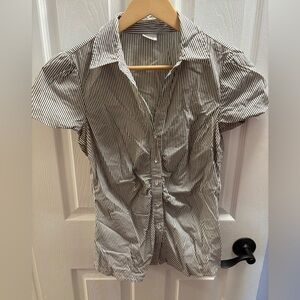 Suzy Shier Black and White Striped Blouse with Crystal Button Detail